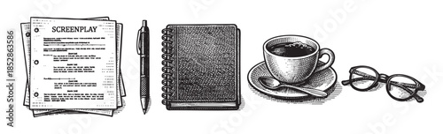 Vintage sketch of screenplay pages, a notebook, pen, coffee cup, and glasses on a white background, ideal for creative professions or study themes.