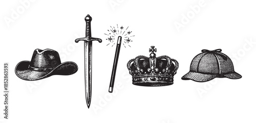 A graphic illustration features iconic objects including a cowboy hat, sword, magic wand with sparks, a royal crown, and a deerstalker hat, arranged in a line on a white background.
