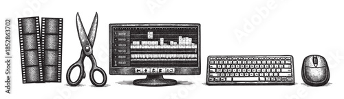 A vintage illustration displays film, scissors, a computer monitor showing audio waveforms, a keyboard, and a mouse, representing video production and editing.