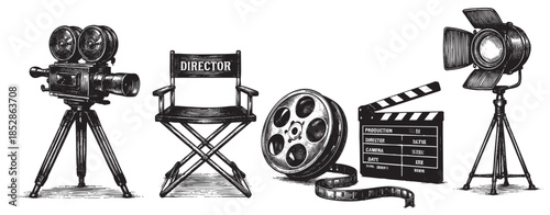 A sketch of vintage film equipment, including a classic camera, director's chair, film reel, clapperboard, and spotlight, evoking a retro Hollywood aesthetic for cinematic themes.