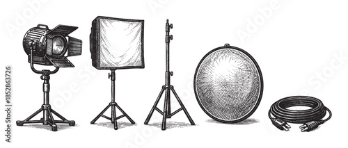 A vintage black and white line art illustration depicts a collection of essential photography lighting equipment, including a spotlight, softbox, stand, reflector, and cable, arranged for studio use.