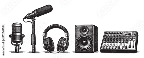 A vintage-style illustration depicts a collection of music recording equipment including microphones, headphones, a speaker, and a mixing console against a stark white background.