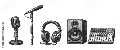 A detailed black and white engraving of various music studio equipment including microphones, headphones, a speaker, and a mixer, set against a clean white background.
