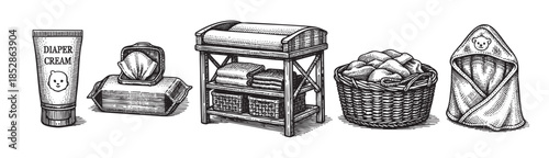 Vintage style line art illustration featuring essential baby care items like diaper cream, wet wipes, a changing table with supplies, a laundry basket, and folded baby clothes on a white background.