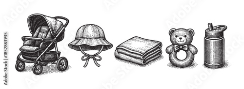 A charming black and white engraving collection features essential baby items like a stroller, hat, blanket, teddy bear, and sippy cup, perfect for nostalgic or classic designs.