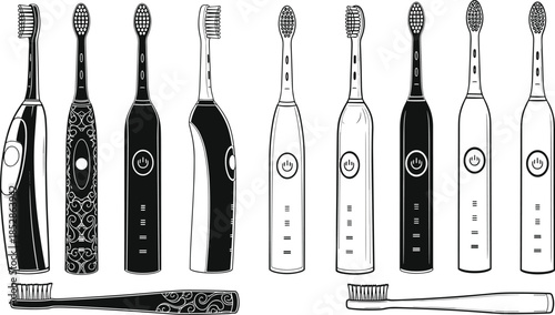 Electric toothbrush set, dental care, oral hygiene, modern design, colorful brushes, bristle heads, rechargeable device, dentist tool, clean teeth, healthy smile