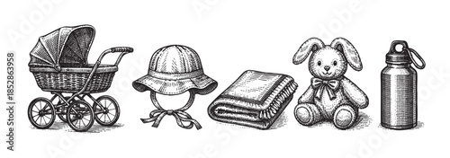 A classic line art illustration features a vintage pram, bonnet, blanket, teddy bear, and water bottle, evoking nostalgia and a charming, retro aesthetic for baby-related themes.