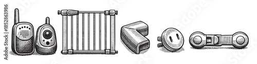 A collection of black and white line art illustrations featuring baby safety devices like a monitor and gate, alongside electrical adapters and plugs, presented on a white background.