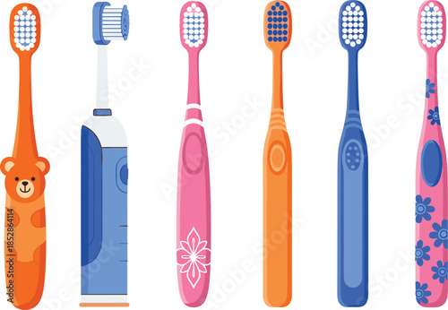 Colorful toothbrush set with electric and manual brushes, kids and adult dental hygiene products vector illustration isolated flat design collection