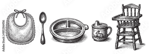 A classic, ink-style illustration showcases a collection of vintage baby feeding items including a bib, spoon, divided plate, sippy cup with rabbit motif, and a high chair on a white background.