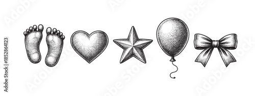 A whimsical collection of hand-drawn baby icons including footprints, a heart, a star, a balloon, and a bow, rendered in a classic sketch style on a white background.