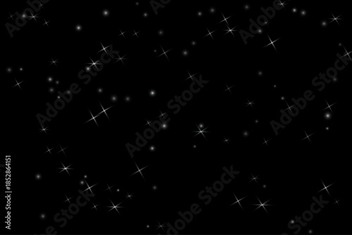 White snow particles and shining stars of different sizes and transparency on a black background. Soft glow effect, festive winter vector illustration.