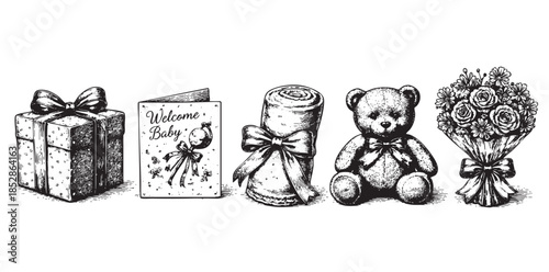 A collection of hand-drawn baby gift items including a present, greeting card, blanket, teddy bear, and flowers, perfect for invitations or announcements.