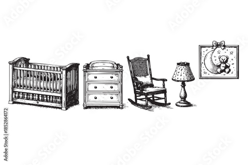 A charming black and white ink sketch illustrates a collection of vintage nursery furniture, including a crib, dresser, rocking chair, lamp, and framed art, evoking a sense of nostalgia and warmth.