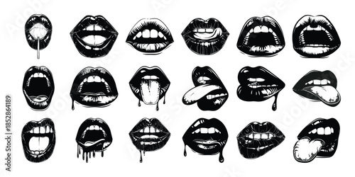 Lips and mouth in scream with monochrome photocopy effect, for  punk y2k collage design. Elements in stipple  retro design. Vector illustration for vintage music poster or bann