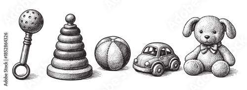 A detailed black and white sketch showcases a collection of classic baby toys including a rattle, stacking rings, ball, toy car, and teddy bear, evoking nostalgia.