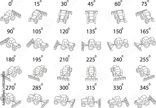 Isometric tractor with farming attachment set. A line art set of 24 stylized tractors with a simple farming attachment, shown in isometric view and rotated from multiple angles.