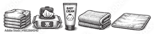 A charming black and white illustration features essential baby care items like diapers, wipes, cream, and towels arranged in a clean line, perfect for parenting or childcare themes.