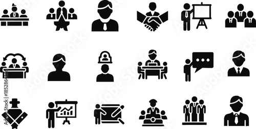 Meeting icon set, meeting web icon set in line style, included icons as meeting room, contains related to consultation, meeting, social, video, call, editable stroke. vector illustration