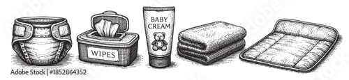A vintage black and white illustration depicts essential baby care items arranged in a row, including a diaper, wipes dispenser, baby cream tube with a teddy bear, folded towels, and a soft pad.