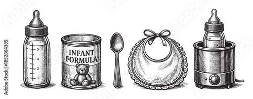 A vintage black and white illustration depicts essential baby feeding items including a bottle, formula can, spoon, bib, and bottle warmer against a white background.