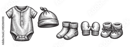 This vintage woodcut illustration features a collection of essential baby clothing items, including a onesie, hat, socks, mittens, and booties, presented against a clean white background.