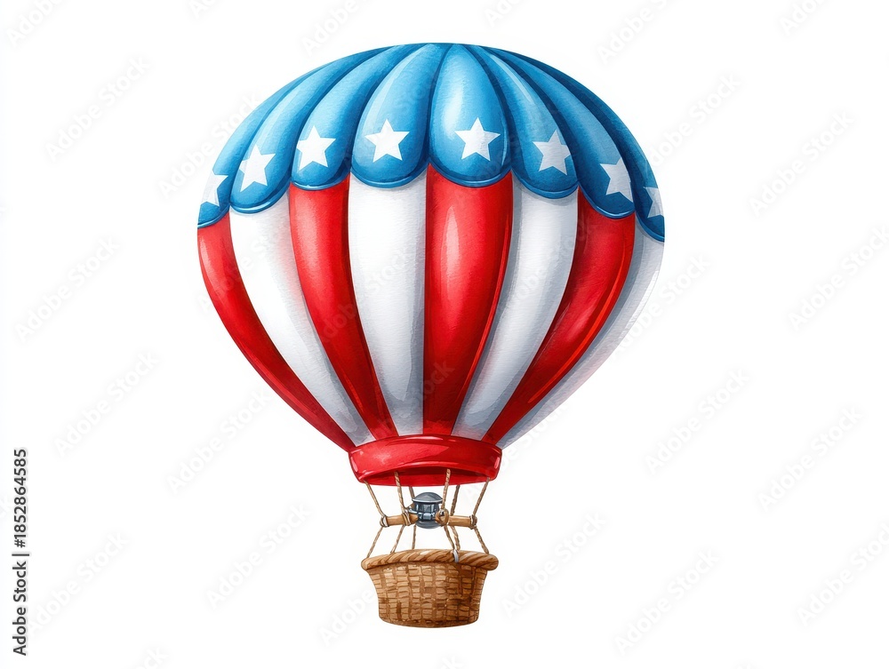 Obraz premium A colorful hot air balloon with red, white, and blue stripes and stars, symbolizing patriotism and adventure in the sky.