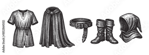 A black and white ink drawing depicts a collection of medieval fantasy attire including a tunic, cape, belt, boots, and hood, rendered in a vintage style.