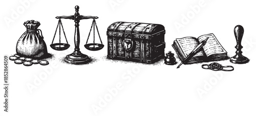 Engraved illustration of a money bag, coins, scales of justice, treasure chest, an open book with a quill, and a stamp, evoking themes of law, wealth, and history.