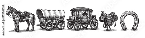 A collection of classic Western elements rendered in a detailed, etched illustration style, featuring a horse, covered wagon, carriage, saddle, and horseshoe against a clean white background.