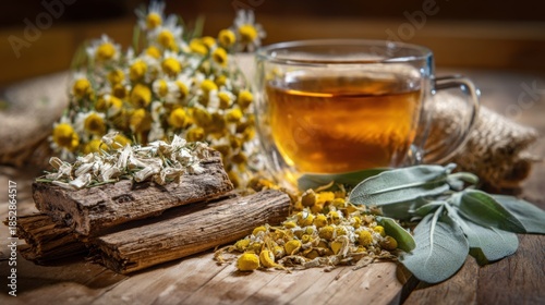 professional photo of herbal medicine ingredients for dental care, dried chamomile flowers, oak bark, sage leaves, and a glass of amber decoction