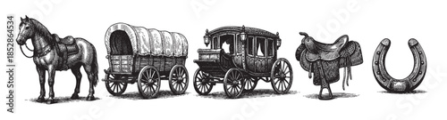 A collection of classic Western elements rendered in a detailed, etched illustration style, featuring a horse, covered wagon, carriage, saddle, and horseshoe against a clean white background.