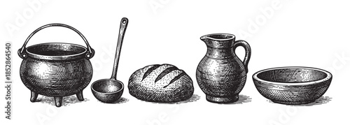 A collection of vintage, etched kitchenware and a loaf of bread are displayed in a graphic illustration with a white background.