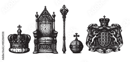 A collection of vintage black and white line art illustrations depicting symbols of royalty, including a throne, crowns, a scepter, and a coat of arms, perfect for historical or fantasy themes.