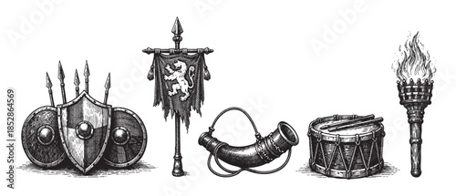 A detailed, black and white illustration showcases vintage medieval warrior equipment, including shields, spears, a banner with a lion emblem, a horn, a drum, and a flaming torch on a white background