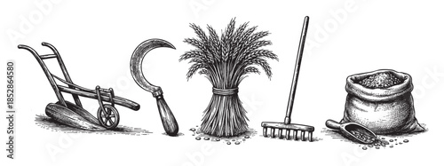 A detailed ink illustration depicts vintage farming tools including a plow, sickle, wheat bundle, rake, and sack of grains on a white background.