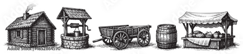 A detailed woodcut illustration depicts a rustic village scene featuring a log cabin with smoking chimney, a stone well, a wooden cart, a barrel, and a market stall with produce.