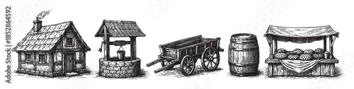 A detailed woodcut illustration depicts a rustic village scene featuring a log cabin with smoking chimney, a stone well, a wooden cart, a barrel, and a market stall with produce.