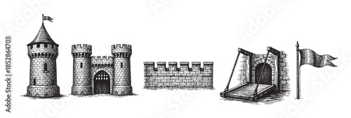A black and white ink illustration featuring various medieval castle elements including a watchtower with a flag, a fortified gatehouse, a section of castle wall, and a drawbridge.