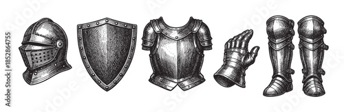A vintage-style engraving depicts a collection of knight's armor pieces including a helmet, shield, breastplate, gauntlet, and leg guards against a white background.