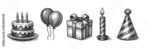 A charming black and white line art illustration featuring essential birthday party items like a cake, balloons, gift, candle, and party hat in a vintage engraving style.