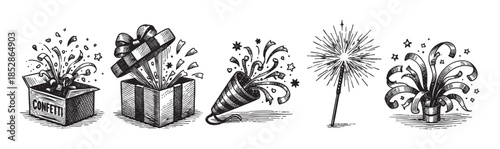 A whimsical black and white illustration depicts a festive collection of party elements including bursting confetti from a box, a ribbon-tied gift box exploding with confetti, a party poppe