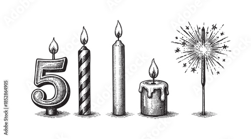 A festive collection of etched birthday candles and a sparkler against a stark white background, perfect for celebratory designs.