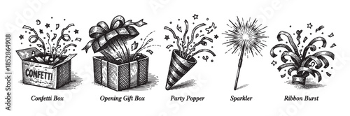 A whimsical black and white illustration depicts a festive collection of party elements including bursting confetti from a box, a ribbon-tied gift box exploding with confetti, a party popper