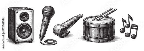 A black and white woodcut style illustration features a speaker, microphone, party horn, drum with sticks, and musical notes, perfect for themes of music, celebration, and sound.