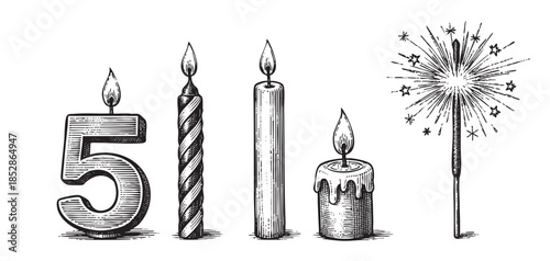 A vintage-style woodcut illustration depicts a large numeral candle for '5', two patterned candles, a melting candle, and a sparkler on a white background, suitable for celebrations.