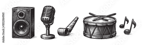 A vintage black and white woodcut illustration featuring a speaker, microphone, drum, drumsticks, and musical notes, perfect for music, audio, and performance themes.