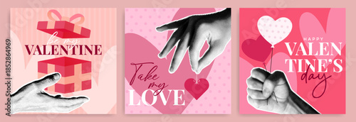 Retro valentine's day social media post with halftone hand holding heart balloon, gift box and love sticker. Holiday business marketing background with torn paper. Happy valentine greeting web banner.