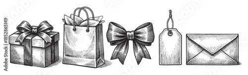 A vintage-style ink sketch showcases a gift box with a bow, a paper shopping bag, a large decorative bow, a price tag, and an envelope arranged in a line on a white background.