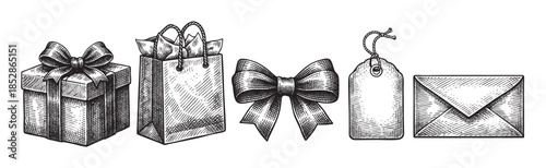 A vintage-style ink sketch showcases a gift box with a bow, a paper shopping bag, a large decorative bow, a price tag, and an envelope arranged in a line on a white background.